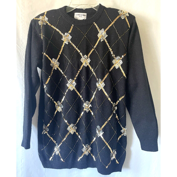 Alfredo Dunner Vtg Black Sweeter Gold Sliver Sequin Chunky Knit Crewneck Sz PM - Picture 1 of 7